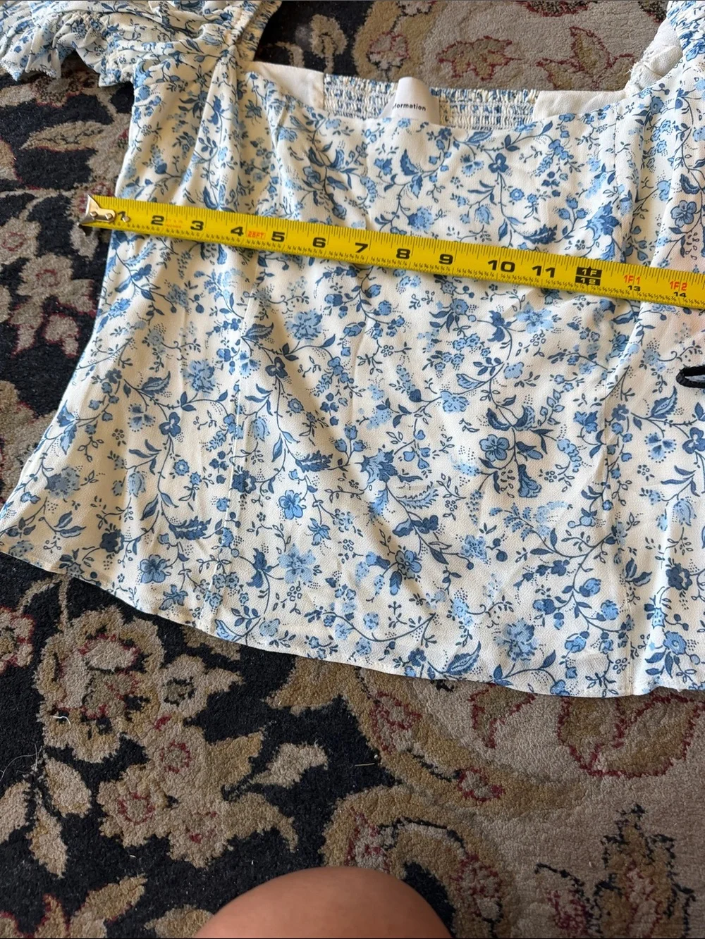 Reformation Blue Floral Puff-Sleeve Square-Neck Blouse